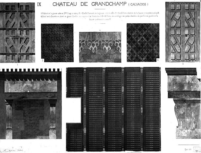 Dessin : Détails de plafond, de cheminée, de porte d'entrée, de bavette du comble, du carrelage des chambres (aquarelle), pl.IX