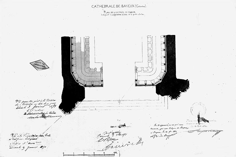 Plan de l'entrée du choeur indiquant la suppression du jubé et de quatre stalles (plume et lavis)