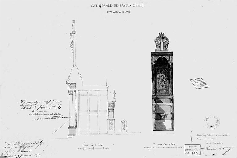 Coupe sur le jubé (état actuel) et élévation d'une stalle (plume et lavis)