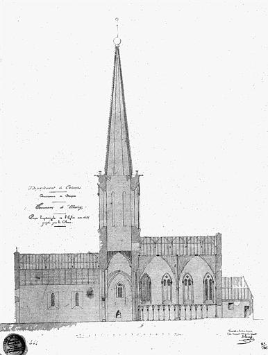 Coupe longitudinale de l'église avec voûte projetée pour le choeur