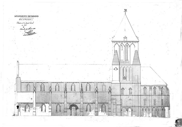 Elévation de la façade latérale sud (plume et lavis)