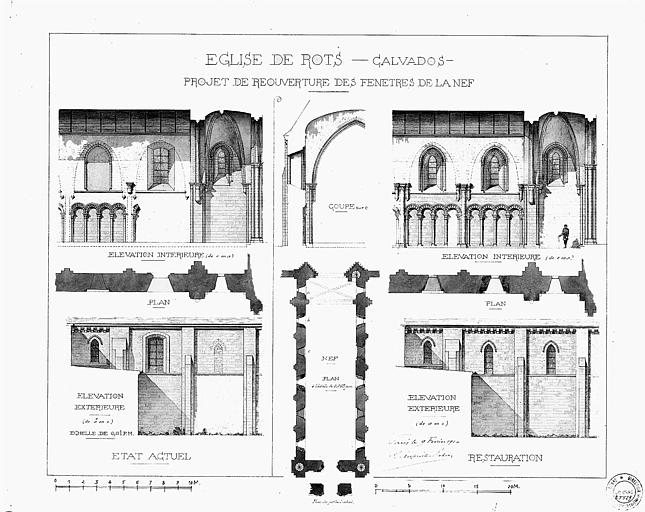 Projet de réouverture des fenêtres de la nef : Plan, élévations et coupes (état actuel et état restauré)