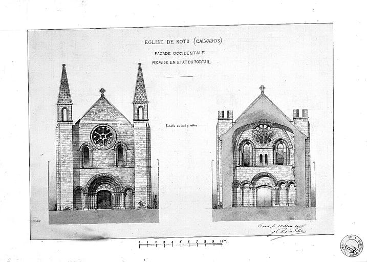 Remise en état du portail de la façade occidentale : Elévation et coupe (plume et lavis)