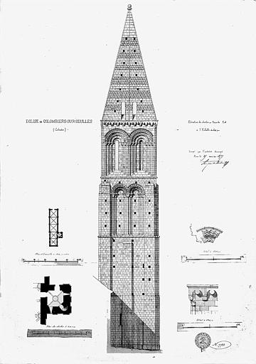 Elévation du clocher (face est), plans et détails architecturaux