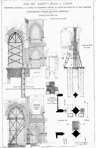Désordres survenus à la suite du tassement partiel du pilier sud-ouest de la tour centrale : Etaiements, consolidations, reprises (plume et lavis)