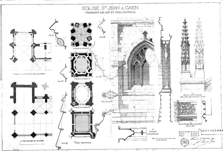 Transept sud, nef et tour centrale : Plans, détails de fenêtre, pinacles et balustrade (plume et lavis)