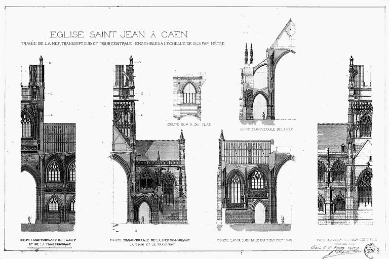 Travée de la nef, transept sud et tour centrale : Coupes et élévations (plume et lavis)