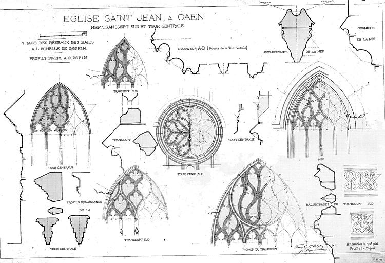 Nef, transept sud et tour centrale : Tracé des réseaux des baies et profils divers (plume et lavis)