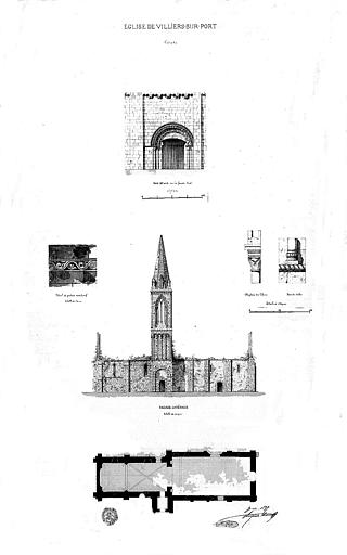 Plan, élévation de la façade latérale, porte et détails architecturaux (plume et aquarelle)