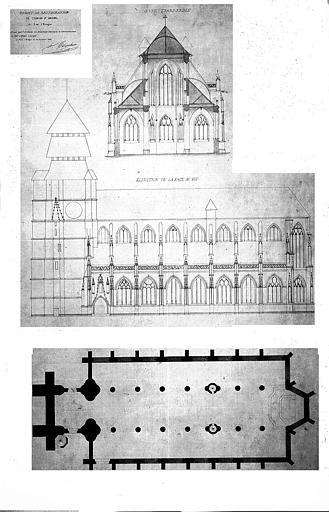 Projet de restauration : Plan, coupe transversale, élévation de la face sud (plume et lavis)