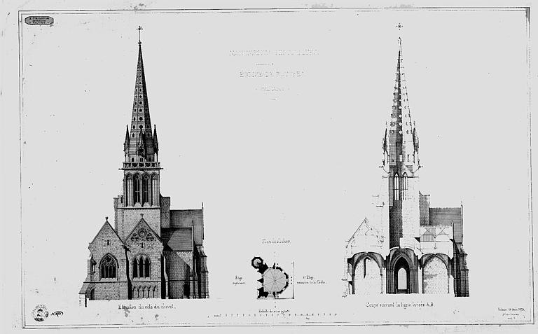 Elévation et coupe du côté du chevet, plan du clocher