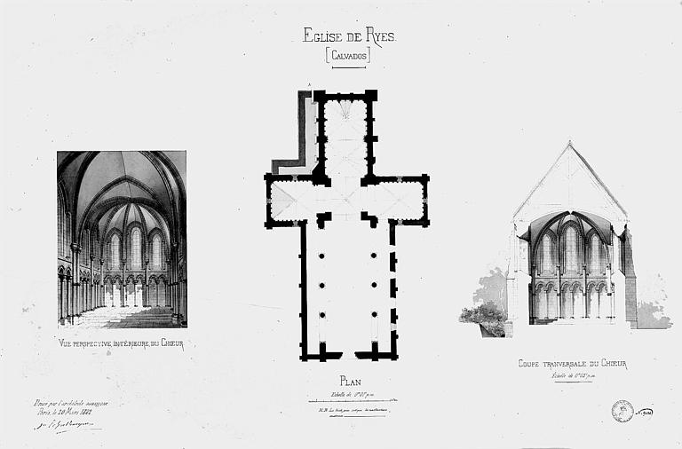 Plan, coupe transversale du choeur et vue perspective intérieure de la nef vers le choeur (plume et lavis)