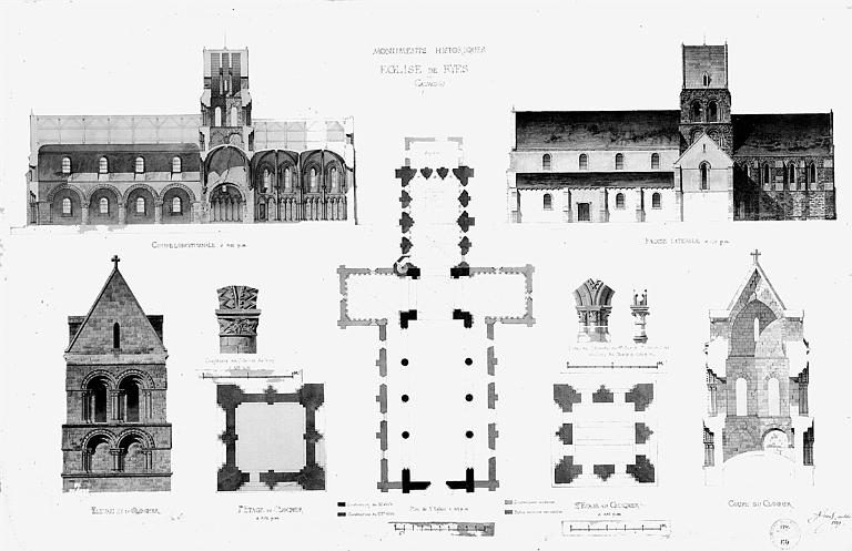 Plans, coupes longitudinale et transversale, élévation des façades, détails du clocher, des chapiteaux et d'un arc doubleau du choeur