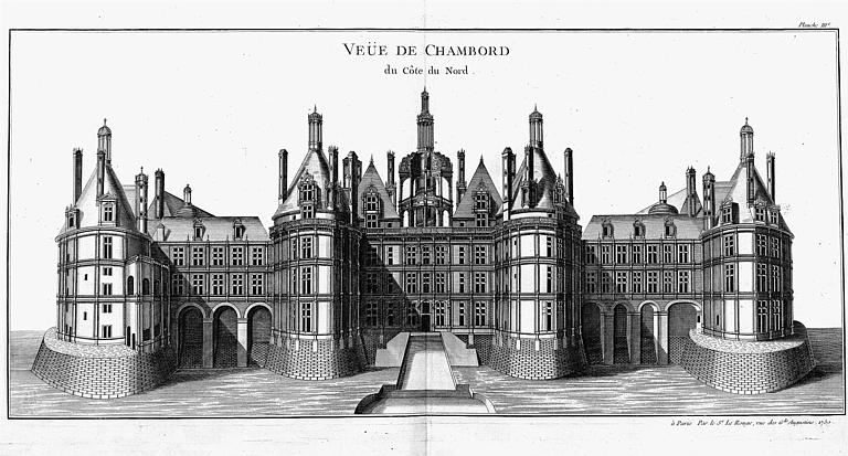 Gravure : Dessin en perspective du château côté nord