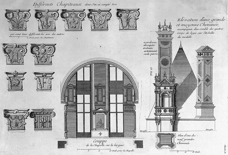 Gravure : Coupe de la chapelle sur la largeur, chapiteaux, élévation d'une grande et d'une moyenne cheminée