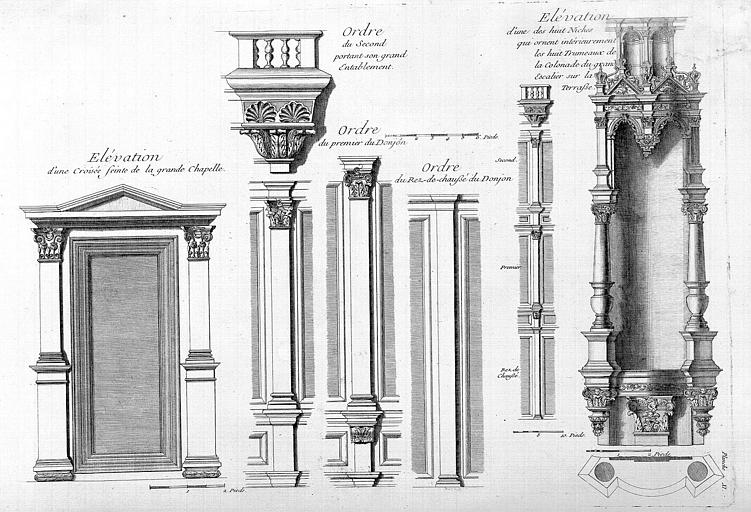 Gravure : Elévations d'une croisée de la grande chapelle, détails architecturaux de l'ordre, élévation d'une niche