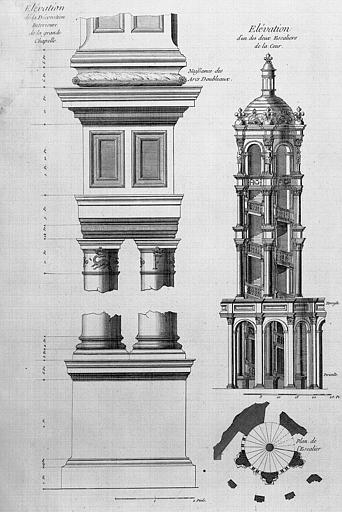 Gravure : Relevé de la décoration intérieure de la grande chapelle, plan et élévation d'un des deux escaliers de la cour