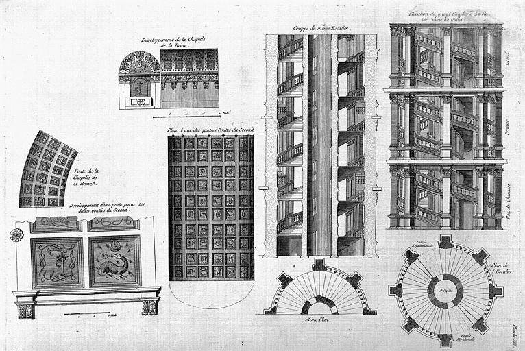 Gravure : Coupe et élévation du grand escalier, développement des voûtes de la chapelle de la Reine