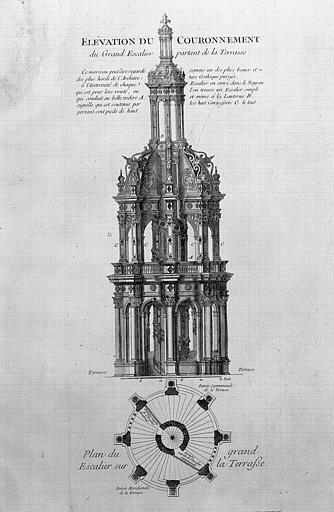 Gravure : Elévation et plan du couronnement du grand escalier partant de la terrasse