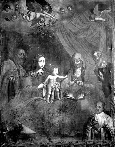 Tableau : 'La Sainte Famille avec sainte Anne pelant une pomme pour l'Enfant', présence d'un orant ; après restauration