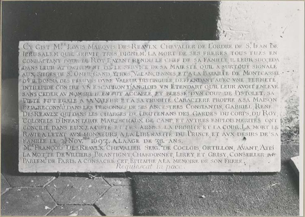 plaque funéraire de Louis, marquis de Reaux - © Ministère de la Culture (France), Médiathèque du patrimoine et de la photographie, diffusion GrandPalaisRmn Photo