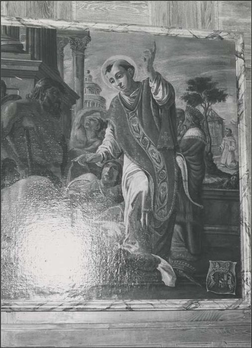 tableau : Saint Fiacre repoussant une couronne et un sceptre et guérissant des malades
