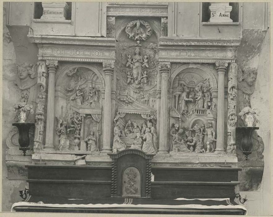 retable, bas-reliefs : Scènes de la Vie de la Vierge