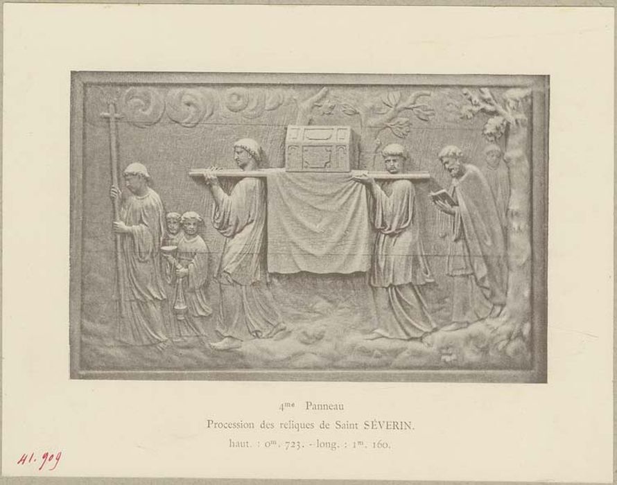 bas-reliefs : Saint Séverin guérissant Eulalius, évêque de Nevers, Saint Séverin guérissant un lépreux, Le Christ remettant les clés à saint Pierre, Saint Séverin guérissant le roi Clovis, La Procession des reliques de saint Séverin