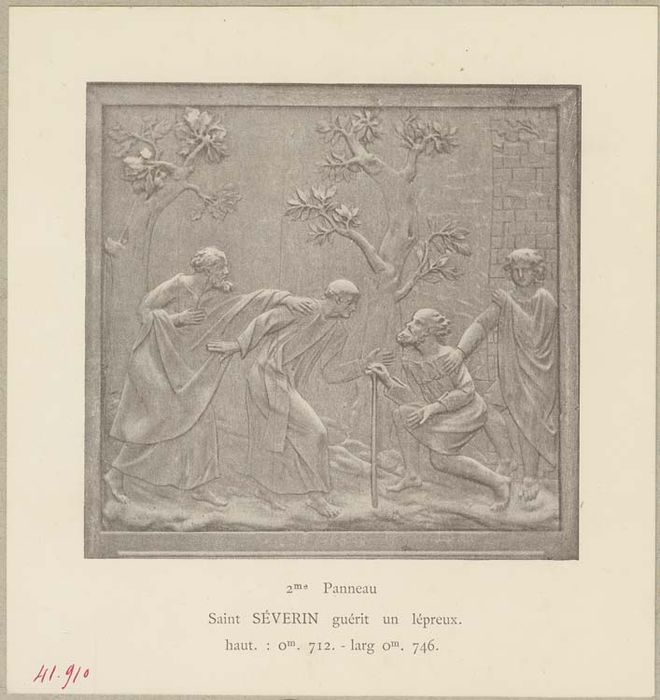 bas-reliefs : Saint Séverin guérissant Eulalius, évêque de Nevers, Saint Séverin guérissant un lépreux, Le Christ remettant les clés à saint Pierre, Saint Séverin guérissant le roi Clovis, La Procession des reliques de saint Séverin