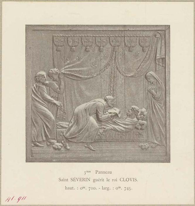 bas-reliefs : Saint Séverin guérissant Eulalius, évêque de Nevers, Saint Séverin guérissant un lépreux, Le Christ remettant les clés à saint Pierre, Saint Séverin guérissant le roi Clovis, La Procession des reliques de saint Séverin