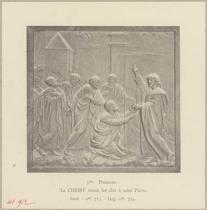 bas-reliefs : Saint Séverin guérissant Eulalius, évêque de Nevers, Saint Séverin guérissant un lépreux, Le Christ remettant les clés à saint Pierre, Saint Séverin guérissant le roi Clovis, La Procession des reliques de saint Séverin