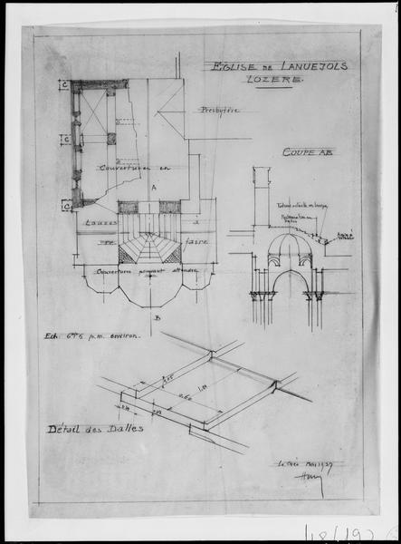 Plan d'architecte au niveau des couvertures, coupe du choeur, détail de dalles