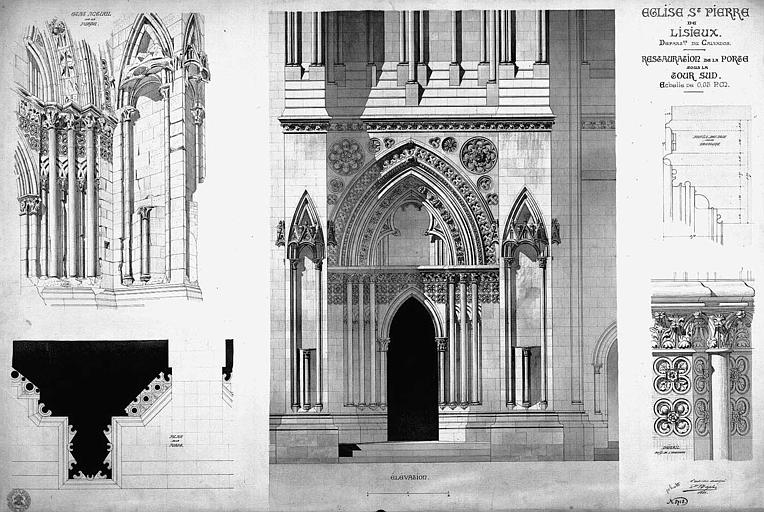 Restauration de la porte sous la tour sud : Plan, élévation et détails (état actuel)