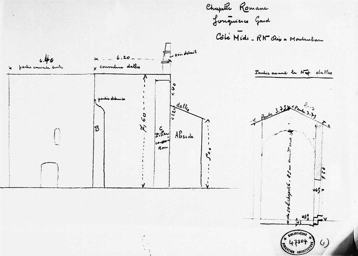 Croquis : Elévation de la façade sud et coupe transversale sur la partie avant de la nef