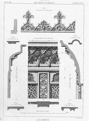 Gravure : Couronnement de la véranda et crêtes au-dessus de la véranda (coupes, plans, élévations)