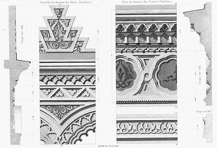 Gravure : Corniche au-dessous des dômes et frise au-dessus des croisées des pavillons (coupes et élévations)