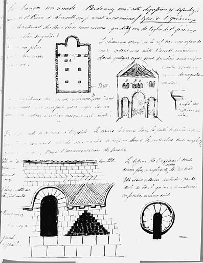 Lettre autographe de Mérimée sur l'église de Saint-Généroux, avec croquis (recto)