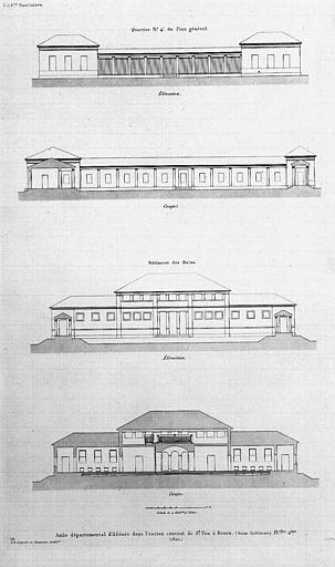 Gravure : Elévations et coupes du quartier n° 4 et du bâtiment des bains de l'asile d'aliénés