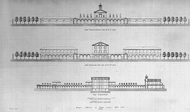 Gravure : Coupes transversales dans l'axe de la 1e et de la 2e cour et coupe longitudinale