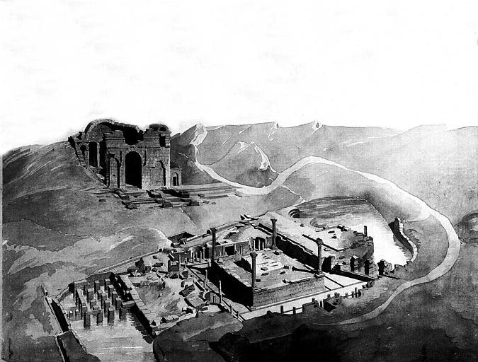 Dessin au lavis sépia : Vue cavalière des ruines et des environs