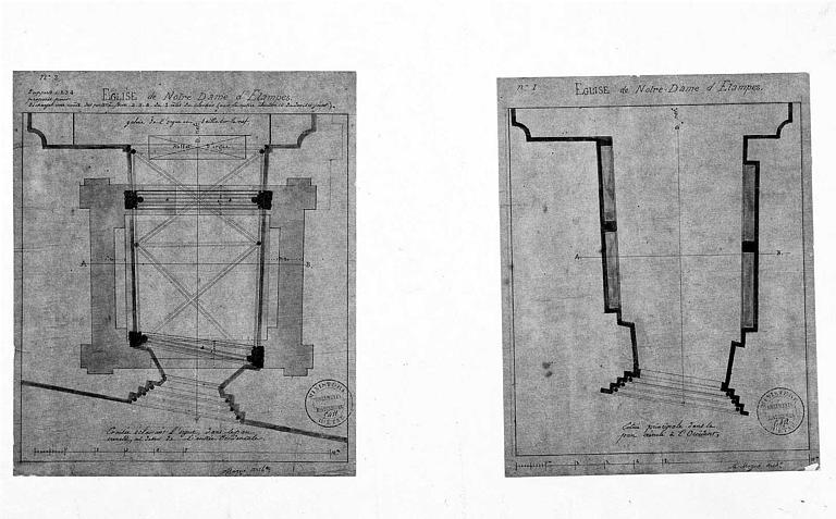 Plans de la façade occidentale au niveau de la tribune d'orgues et au niveau du portail