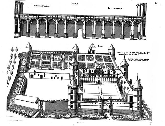 Gravure : Elévation de la façade du portique et vue générale du côté de l'entrée