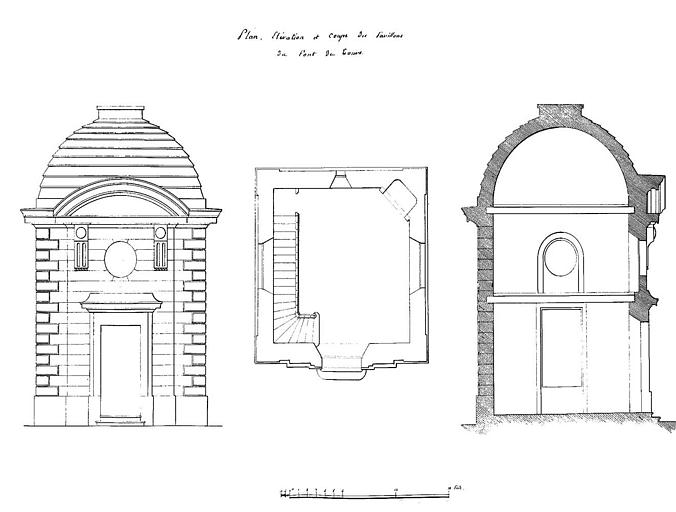 Plan, élévation et coupe des pavillons du pont de Tours