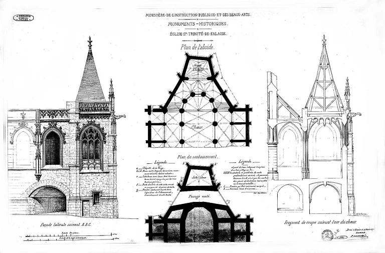 Plan de l'abside, élévation de la façade latérale, plan du soubassement et coupe suivant l'axe du choeur