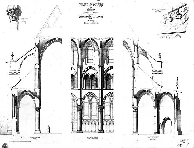 Restauration du choeur et de la nef : Coupe longitudinale des travées du choeur, coupes transversales sur le choeur et sur le bas-côté, vue perspective des arcs-boutants et chapiteau