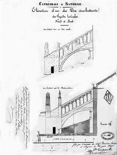 Elévation d'un des dix arcs-boutants des façades latérales nord et sud (état actuel et état restauré)