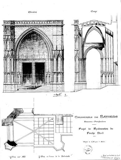 Projet de restauration du porche nord : Plan, élévation et coupe