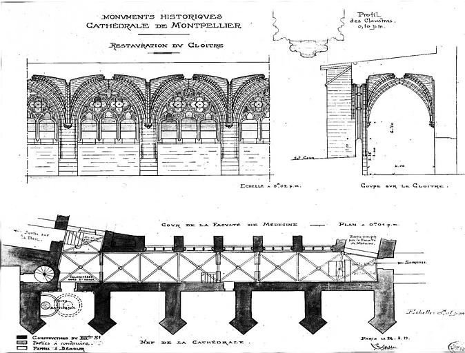 Restauration du cloître : Elévation de trois travées, coupe sur le cloître et plan