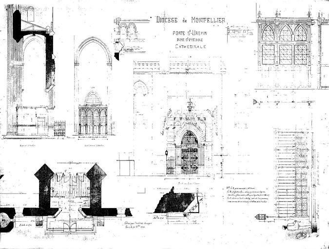 Plan de la porte Saint-Urbain, rue Saint-Pierre : Coupes, élévations et détails