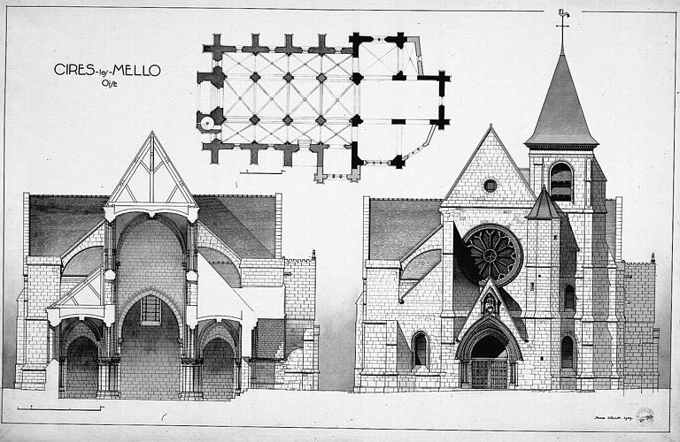 Gravure : Plan, coupe transversale sur la nef, élévation de la façade ouest